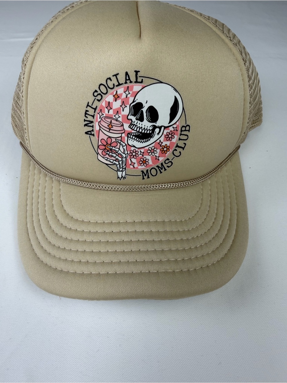 Anti-Social Moms Club Beige Trucker Hat - Skull Graphic - Back to school boho